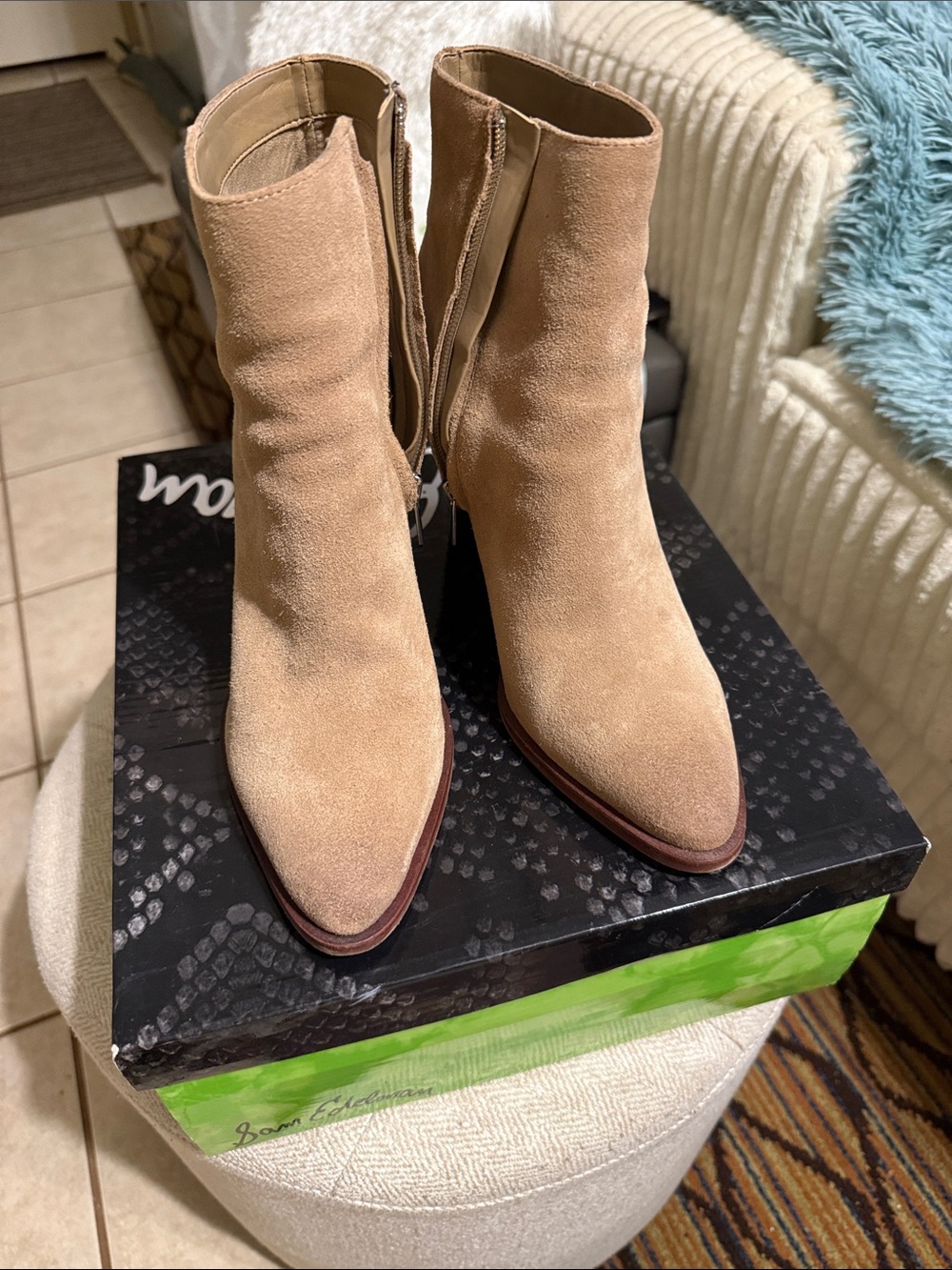 Sam Edelman Beige Suede Pointed Toe Ankle Booties